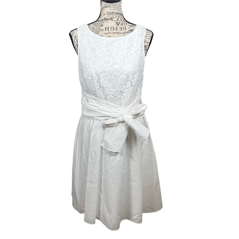 Adrianna Papell White Lace Bodice Midi Dress with Waist Tie